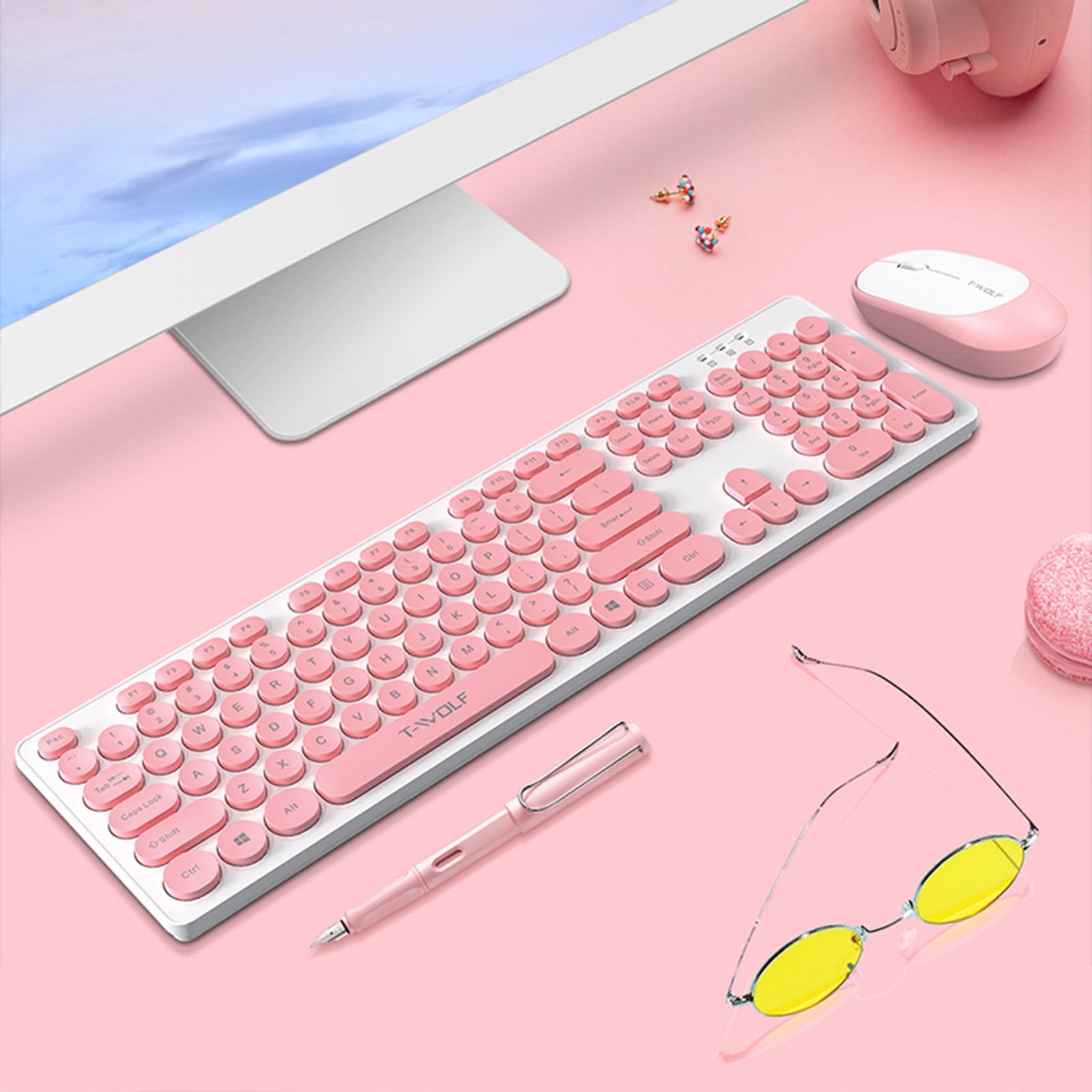 JGJJUGN Ergonomic Retro Round Keycap Wireless Keyboard and Mouse Combo for Laptop, Ultra-Slim, Quiet, with Long Battery Life